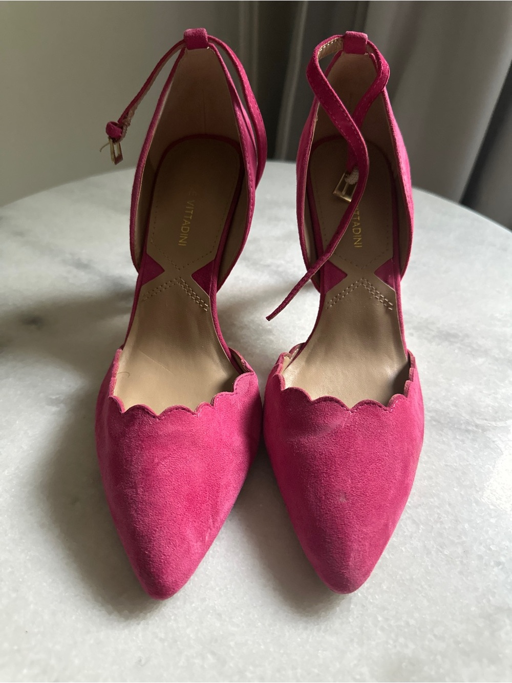 Adrienne Vittadini Hot Pink Scalloped Pointed-Toe Ankle Tie Heels